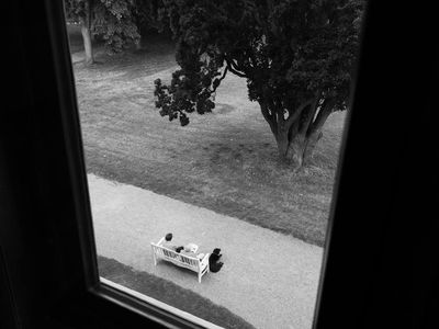 View through a clean window towards a green park